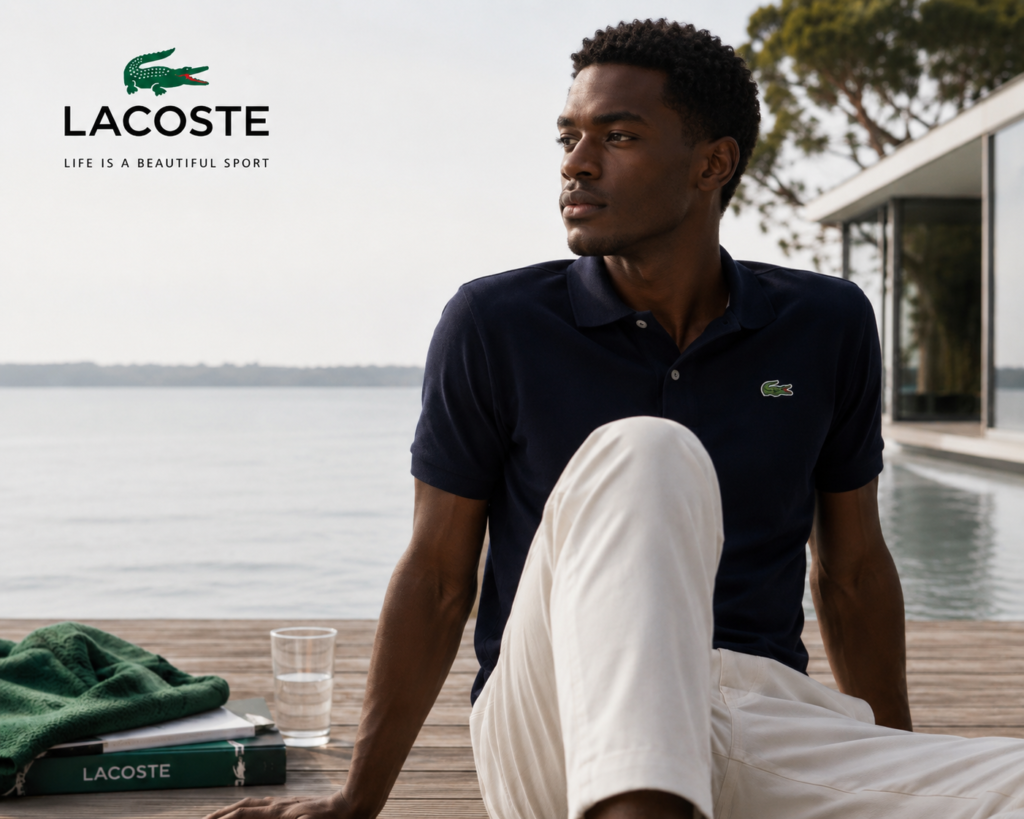 Homme portant un polo Lacoste dans un univers lifestyle premium
